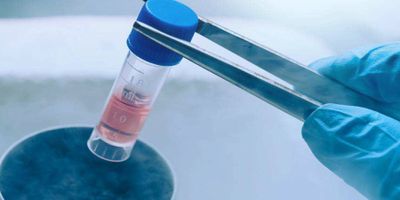 A scientist holds a test tube with a pair of tweezers