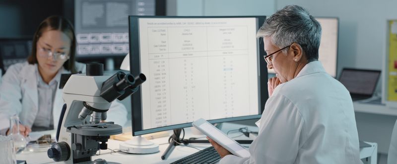 Female scientist analyzes data on a tablet