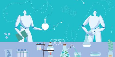 A vector illustration of two white robots working in a chemistry lab with various beakers and equipment on a purple lab bench and a teal background