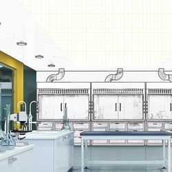 An image of a lab, half in sketch and half a photograph