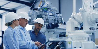 Engineers work on configuring a robot in a laboratory