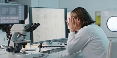 scientist and woman with pain in laboratory exhausted after worker burnout