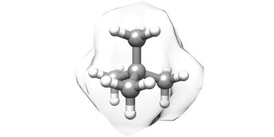 a 3d rendering of tert-butane, the simplest quaternary carbon, shown as grey and white balls connected to each other in a tetrahedral shape