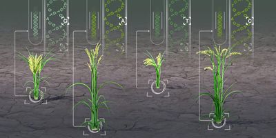 an illustration of four crop plants growing out of grey-brown dirt, each one with a white arrow pointing to a test tube containing a DNA helix 