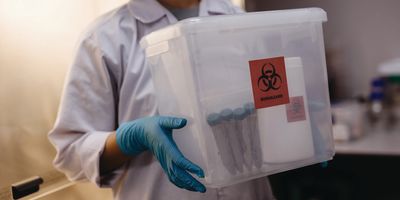 Scientist carries a bin of biohazardous waste