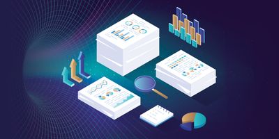 Vector art of stacks of paper and graphs in a data tunnel