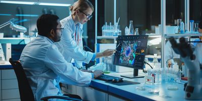 Female Research Scientist with Bioengineer Working on a Personal Computer with Screen Showing Virus Analysis Software User Interface.