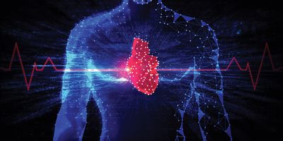 Digital illustration of a human heart made up of connected nodes, implying medical technology