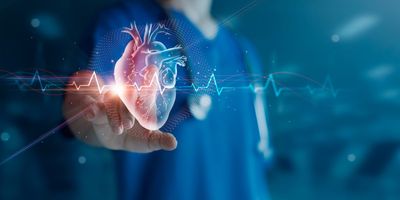 a man in blue scrubs reaches out to touch a hologram of a human heart showing healthy sinus rhythm 