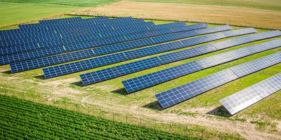 Solar panels in a field on a sunny day