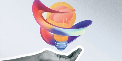 Illustration of an outstretched hand holding a lightbulb with an abstract-style ribbon floating around it