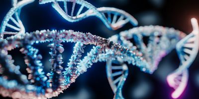 3d rendering of multiple light blue and pink DNA helices with one larger one in the foreground covered in spiky protrusions, all on a dark background