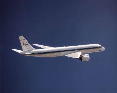 Photo of NASA's DC-8 Airborne Science airplane airborne