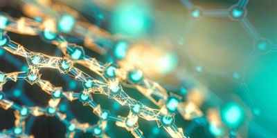 a 3d illustration showing a hexagonal pattern made up of glowing teal tubes connecting at glowing teal spheres with parts of some hexagons surrounded by glowing yellow web of lines