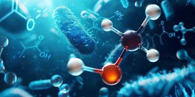 an illustration of the bacteria that feed on methanol and produce sustainable chemicals showing a chemical molecule and a bacterium in the foreground with a blue background containing other chemical symbols and bacteria