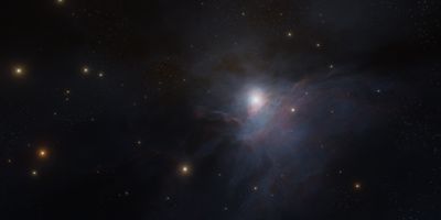 3D rendering of a stellar nebula showing one very bright white star with a faint blue and purple cloud around it, with numerous other yellower stars filling the rest of the image, on a black background