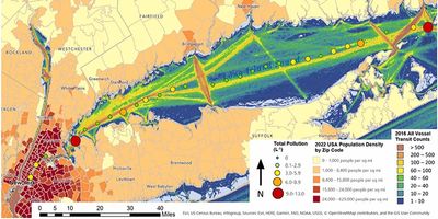 Diagram showing the concentration of all types of microplastic and anthropogenic microfiber pollution found in this study overlaid on a heat map showing the concentration of shipping traffic (all types) and a heatmap showing population density. In all cases, red indicates higher numbers. 