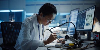 Women researcher sodering something