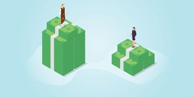 Vector image of a man on a pile of money and a woman on a smaller pile of money