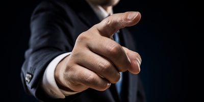 Person in a suit pointing aggressively towards camera