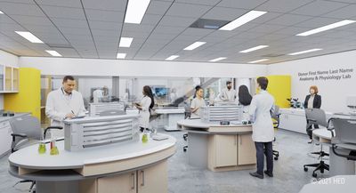 Michigan Technological University Anatomy & Physiology Learning Lab. This room is placed at the nexus of several paths of travel, taking students on a daily tour of research and science on display in the building. The room is designed to be an open, collaborative environment. 