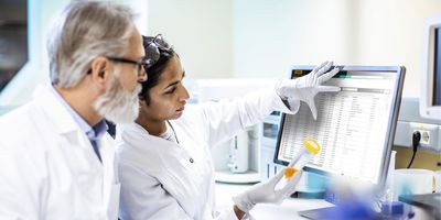 Scientists look at a LIMS on the computer