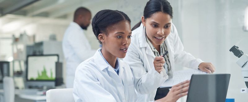 Two scientists discuss results on a computer screen