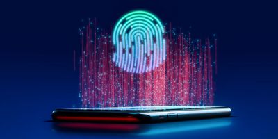 A holographic fingerprint floating over a smart phone