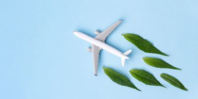 a white toy jet plane on a sky blue surface with green leaves arranged as an air trail behind it's wings and tail