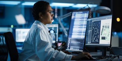 Scientist works on multiple screens in the lab