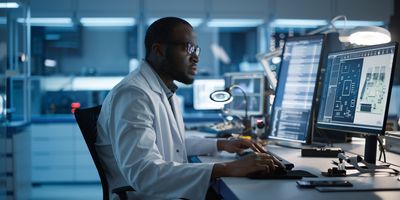 Male Engineer Works on Computer with CAD Programming Software.