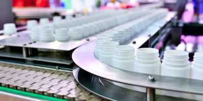 Close-up of pharmaceutical bottling plant production line.