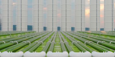 Tubular algae bioreactors fixing CO2 to produce biofuel with storage tanks and blue sky in background