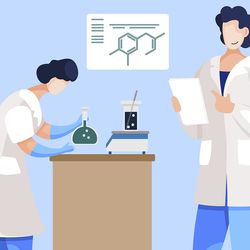 cartoon scientists using a lab balanced to weigh liquid