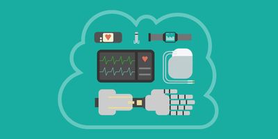 Illustration of various IoT medical devices, like pacemakers and heartrate monitors