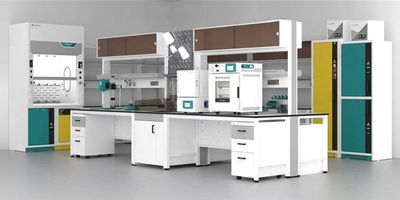 a cartoon image of a lab with all of the manufacturing equipment benchtop items science cabinet