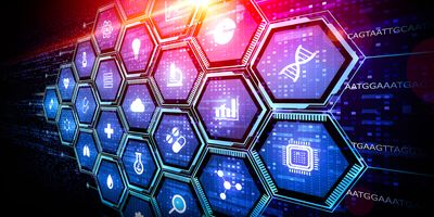 tConceptual illustration. biology icons (microscope, dna, magnifying glass, test tube, bar graph, light bulb etc)on a honeycomb backdrop