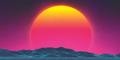 Vaporwave-style sun setting over a vector horizon