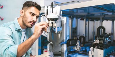 Close Up of a Futuristic Prosthetic Robot Arm Being Tested by a male engineer