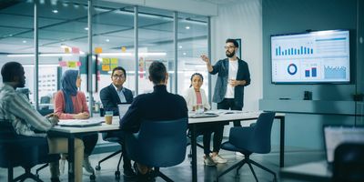 Man makes a business case in a meeting