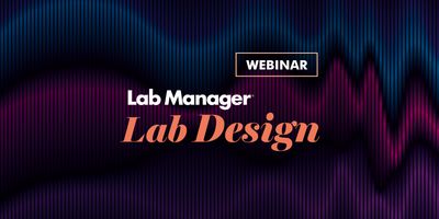 Banner with vibration like graphics in a gradient from blue to pink and includes Lab Design Webinar logo in the middle.