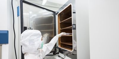 Scientist places a petri dish in an incubator