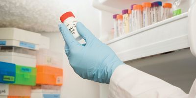 Scientist takes a sample out of a lab freezer