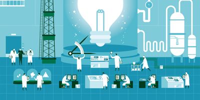 Creating idea stock illustration of scientists in a lab around a giant light bulb