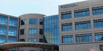 A closeup of the top of a building on the Duke University School of Medicine–RTP Campus