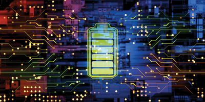 Concept art of a full battery against a computer circuit board