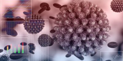 Biology with, Microscope coronavirus covid-19 , close up Virus corona 2019-ncov in blood background, flu outbreak, 3D medical rendering