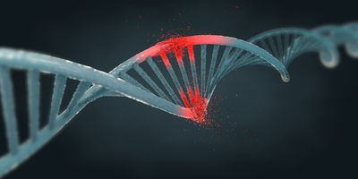 a 3d rendering of a DNA helix shown in light gray with a section in the middle highlighted in red with small particles breaking off, all on a dark grey background