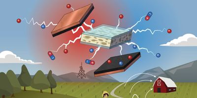 an illustration of the pyroelectrochemical cell above a farm scene, with the cell shown as an three layers of copper metal, a composite, and another copper layer. Blue and red electrons move in and out of the cell structure.