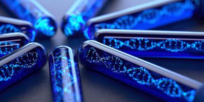 blue test tubes containing glowing blue DNA double helices, arranged in a circle with the bottoms of the test tubes pointing inwards, on a dark blue-grey surface